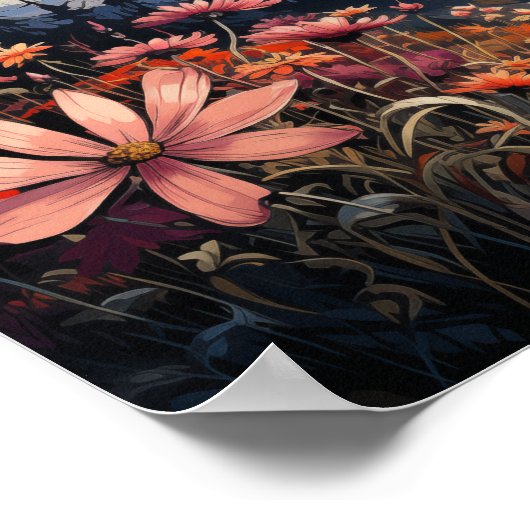 Sunset Serenity: levendige wilde bloemen en bergen Poster (Hoek)