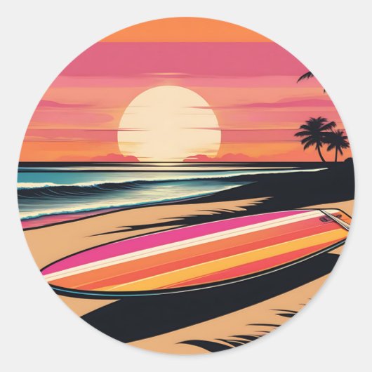 Sunset Serenity Retro Surfboard Vibes Ronde Sticker (Voorkant)