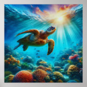 Sunset Serenity Zee Turtle en Coral Reef Poster (Voorkant)