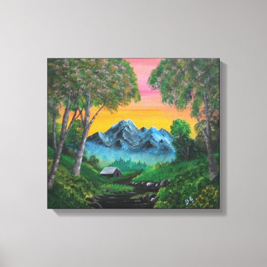 Sunset Shack in Mountain Forest Canvas Afdruk (Voorkant)
