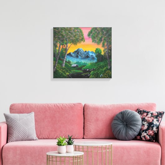 Sunset Shack in Mountain Forest Canvas Afdruk (Insitu (Woonkamer))