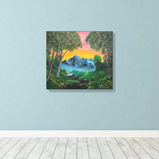 Sunset Shack in Mountain Forest Canvas Afdruk (Insitu (Houten vloer))