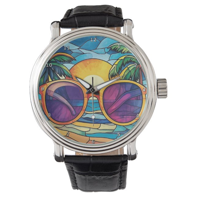 Sunset Shades & Tropical Tides  Beach Horloge (Voorkant)