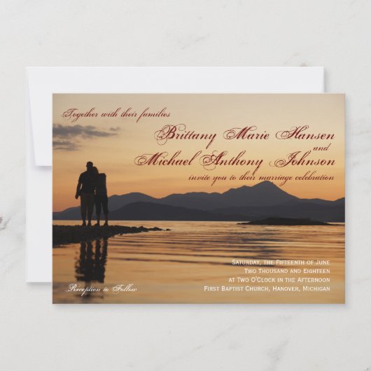 Sunset Silhouette Couple Lake Wedding Invitations Kaart (Voorkant)
