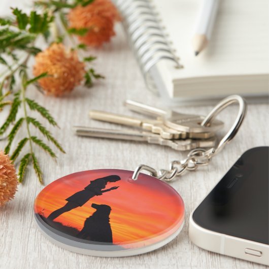 Sunset Silhouette Dog & Owner Keychain (Voorkant Rechts)