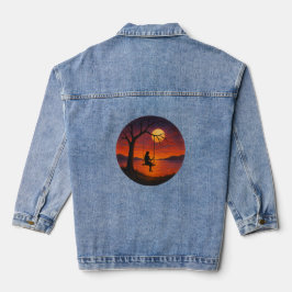 Sunset Silhouette Girl on Swing Landscape Art Denim Jacket
