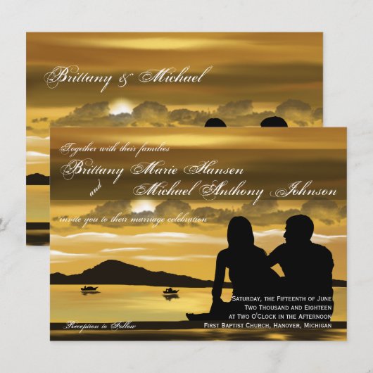 Sunset Silhouette Mountain Lake Wedding Invitation Kaart (Voorkant / Achterkant)