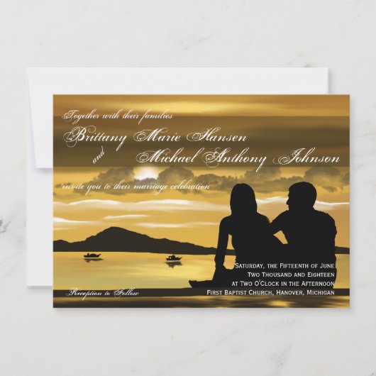 Sunset Silhouette Mountain Lake Wedding Invitation Kaart (Voorkant)