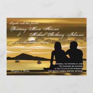 Sunset Silhouette Mountain Lake Wedding Invitation Kaart