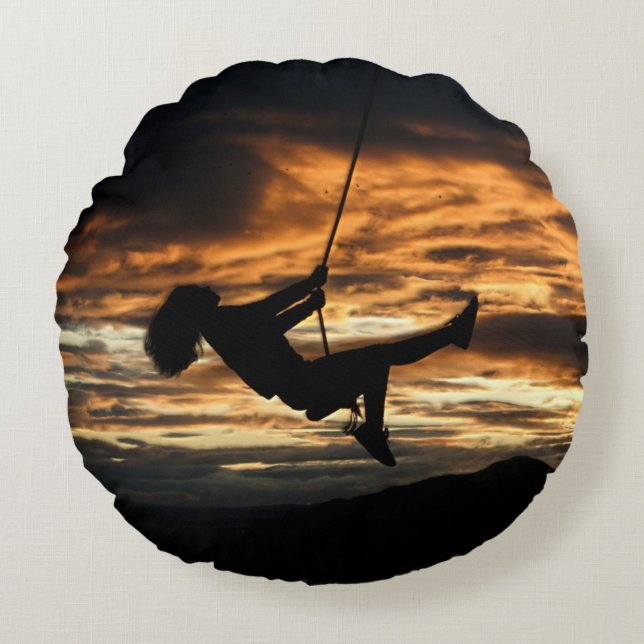 Sunset Silhouette of Girl op Swing Rond Kussen (Voorkant)