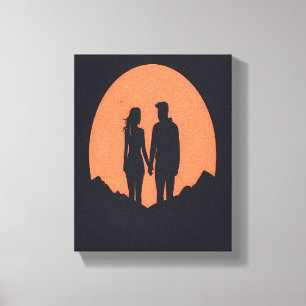 Sunset Silhouette Paar Minimalistische Liefde Kuns Canvas Afdruk