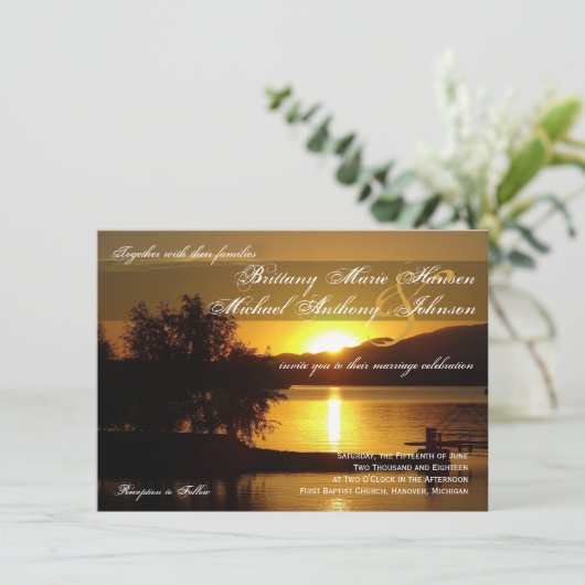 Sunset Silhouette Tree Lake Wedding Invitting Kaart (Staand voorkant)