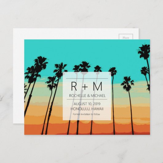 Sunset Skies Tropische bruiloft Save the Dates Aankondigingskaart (Voorkant / Achterkant)