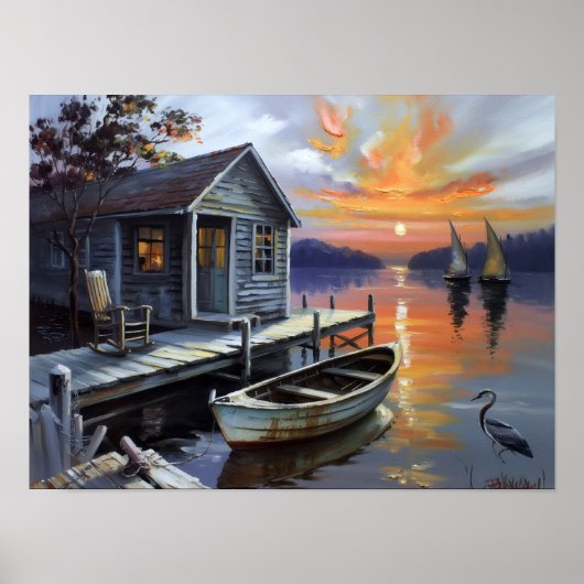 Sunset Solace: Cabin on the Lake Poster (Voorkant)