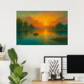 Sunset Solitude - Fisherman in Golden Reflection Poster (Thuiskantoor)