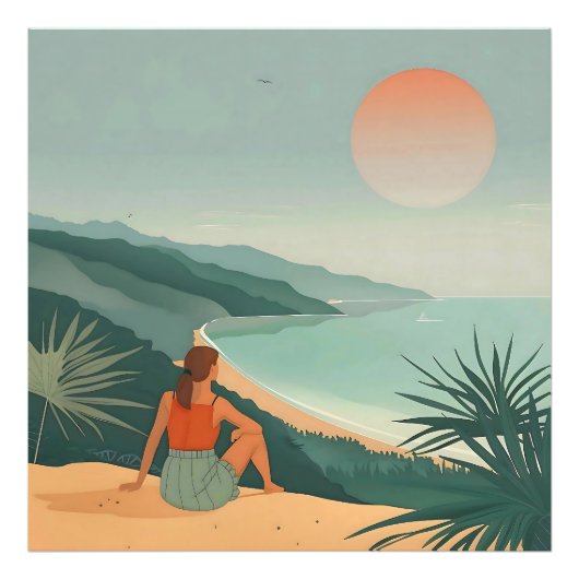 Sunset Solitude – Minimalistische Kust Uitzicht Pr Foto Afdruk (Voorkant)