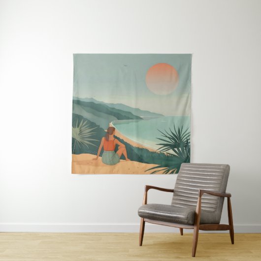 Sunset Solitude – Minimalistische Kust Uitzicht Pr Wandkleed (In situ)