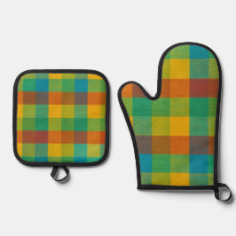 Sunset Squares – Kleurrijke Plaid Oven Mitt & Pot  Ovenwant & Pannenlap Set