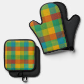 Sunset Squares – Kleurrijke Plaid Oven Mitt & Pot Ovenwant & Pannenlap Set (Voorkant / Achterkant)