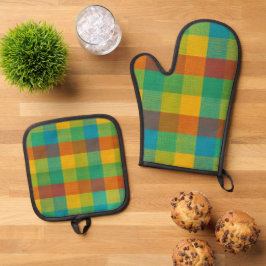 Sunset Squares – Kleurrijke Plaid Oven Mitt & Pot Ovenwant & Pannenlap Set