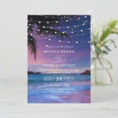 Sunset String Light Tropical Beach QR Code Wedding Kaart (Staand voorkant)