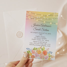 Sunset String Lights met Floral Bouquet Sweet 16 Kaart