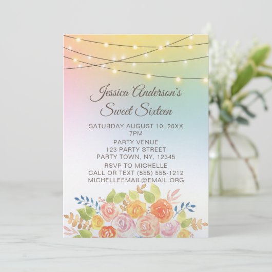 Sunset String Lights met Floral Bouquet Sweet 16 Kaart (Staand voorkant)