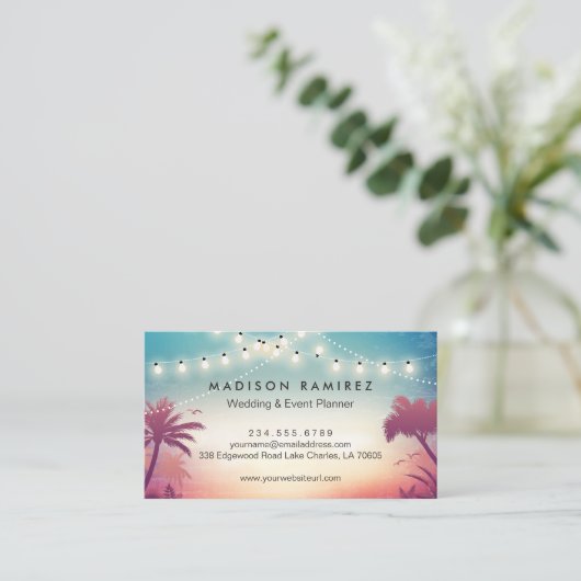 Sunset String Lights Palm Outdoor Event Planner Visitekaartje (Staand voorkant)