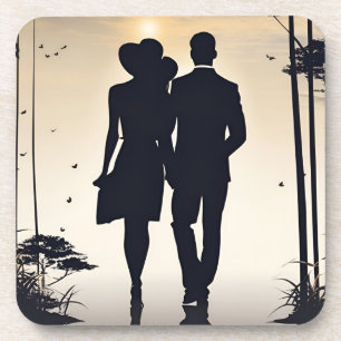 Sunset Stroll Zwart Silhouet Paar Bier Onderzetter