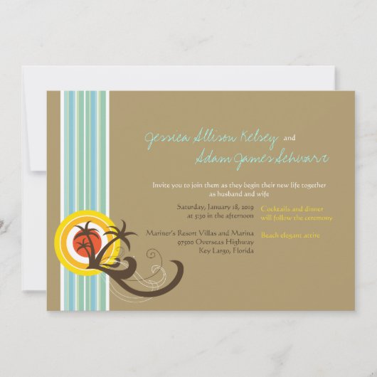 Sunset Summer Palms Tropical Beach Wedding Invite Kaart (Voorkant)
