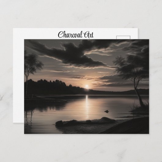Sunset Sunrise Glassy Lake Charcoal Pencil Art Briefkaart (Voorkant / Achterkant)