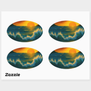 Sunset Surf – Krachtige Oceaangolf Kunststicker Ovale Sticker