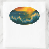 Sunset Surf – Krachtige Oceaangolf Kunststicker Ovale Sticker (Tas)
