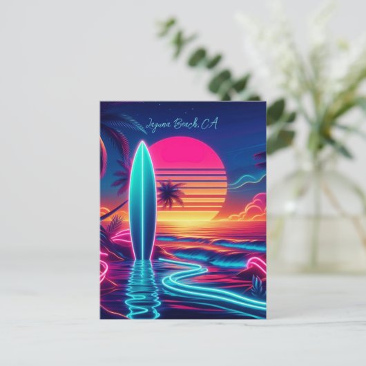 Sunset Surfboard Neon-verlichting Briefkaart (Staand voorkant)