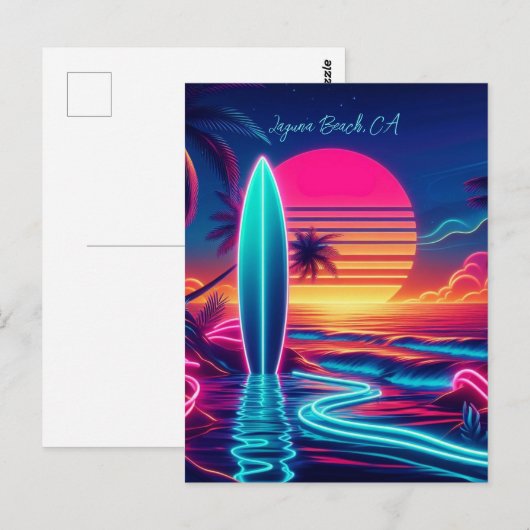 Sunset Surfboard Neon-verlichting Briefkaart (Voorkant / Achterkant)