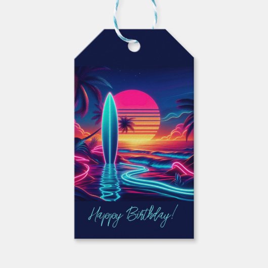Sunset Surfboard Neon-verlichting Cadeaulabel (Voorkant)