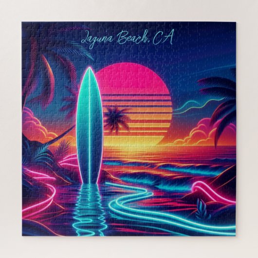 Sunset Surfboard Neon-verlichting Legpuzzel (Verticaal)