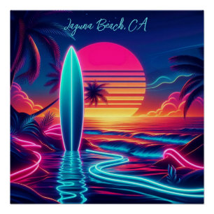 Sunset Surfboard Neon-verlichting Perfect Poster