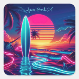 Sunset Surfboard Neon-verlichting Vierkante Sticker