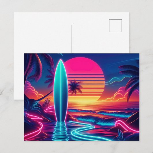 Sunset Surfboard Neonverlichting Briefkaart (Voorkant / Achterkant)
