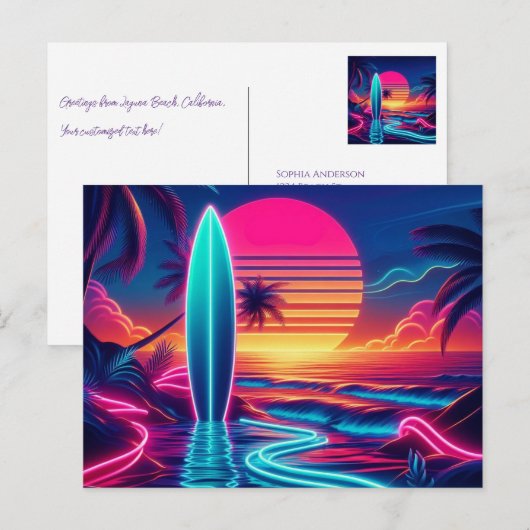 Sunset Surfboard Neonverlichting Briefkaart (Voorkant / Achterkant)