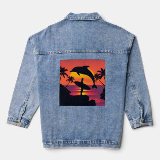 Sunset Surfer en Dolfijn Silhouet Tropisch strand Denim Jacket