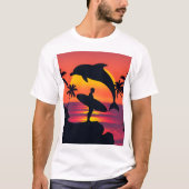 Sunset Surfer en Dolfijn Silhouet Tropisch strand T-shirt (Voorkant)