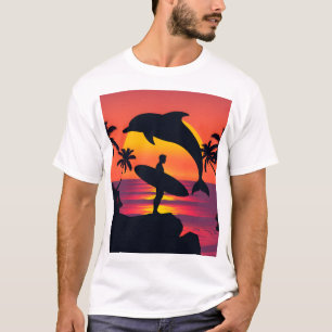 Sunset Surfer en Dolfijn Silhouet Tropisch strand T-shirt