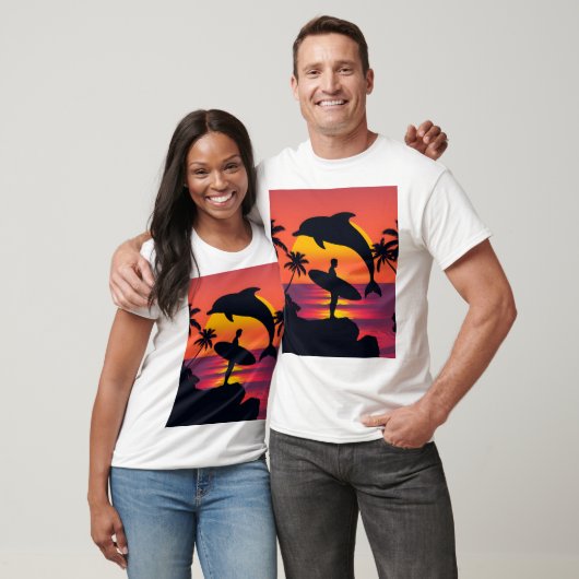 Sunset Surfer en Dolfijn Silhouet Tropisch strand T-shirt (Unisex)