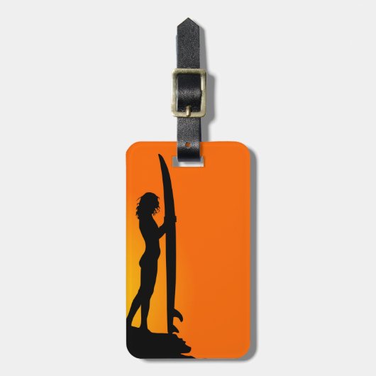 Sunset Surfer Girl met surfboard Bagagelabel (Voorkant verticaal)