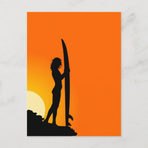 Sunset Surfer Girl met surfboard Briefkaart