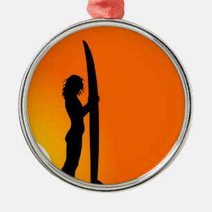 Sunset Surfer Girl met surfboard Metalen Ornament