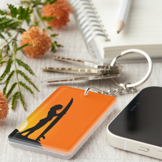 Sunset Surfer Girl met surfboard Sleutelhanger (Voorkant Rechts)