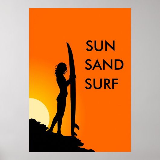 Sunset Surfer Girl met surfboard, Sun, Zand Surf Poster (Voorkant)